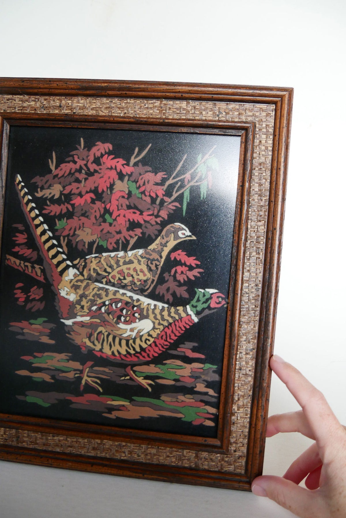 Vintage Framed Pheasant Velvet Artwork, Vintage Pheasant Artwork, Vintage Woodland Bird Artwork, Vintage Wood Bird Artwork, Pheasant Decor, Vintage Pheasant decor