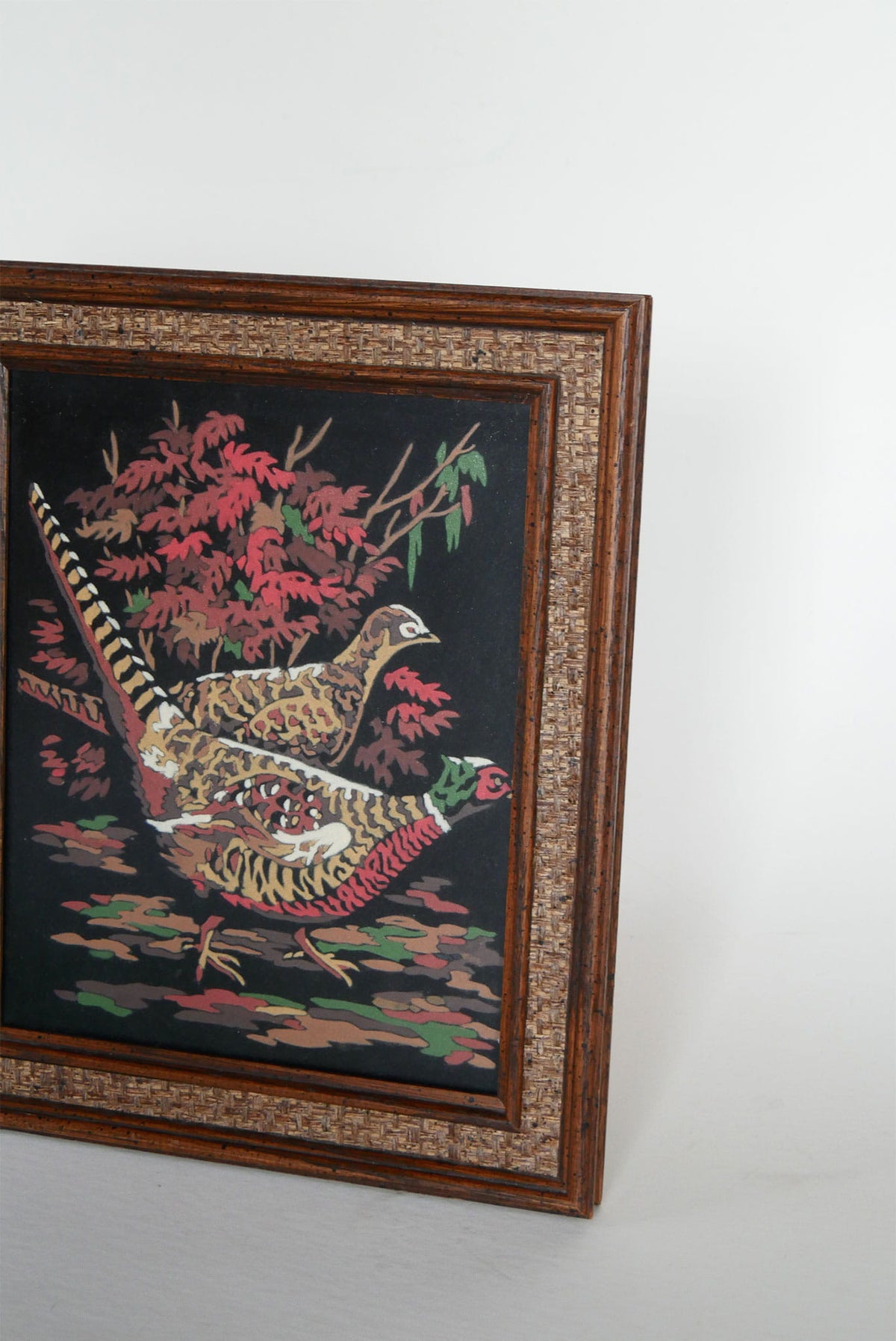 Vintage Framed Pheasant Velvet Artwork, Vintage Pheasant Artwork, Vintage Woodland Bird Artwork, Vintage Wood Bird Artwork, Pheasant Decor, Vintage Pheasant decor