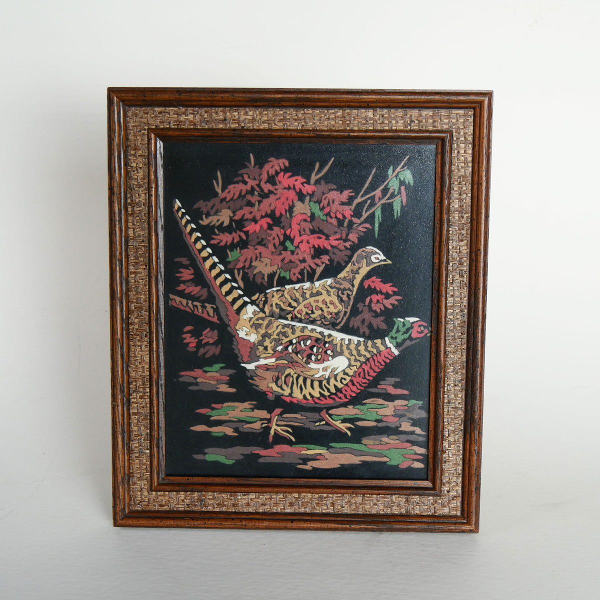 Vintage Framed Pheasant Velvet Artwork, Vintage Pheasant Artwork, Vintage Woodland Bird Artwork, Vintage Wood Bird Artwork, Pheasant Decor, Vintage Pheasant decor