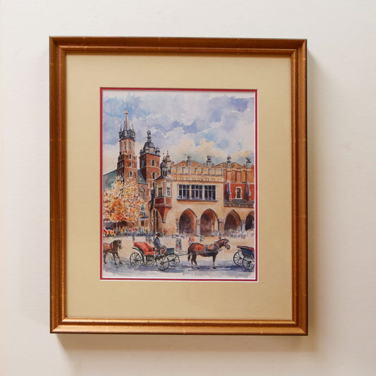 Vintage Framed Watercolor Print of Main Market Square in Poland, Market Street Watercolor Print, Vintage Watercolor Print Horse and Carriage