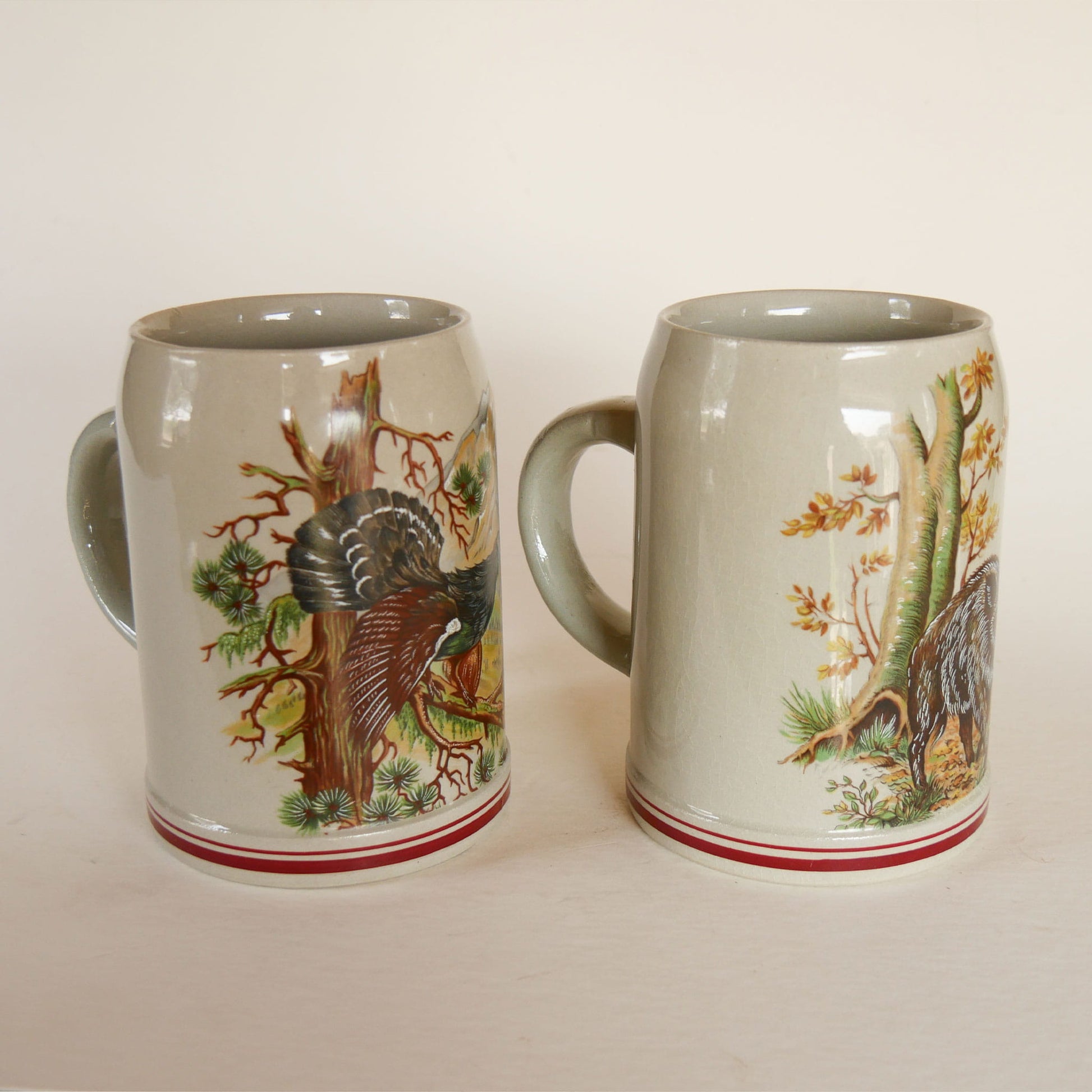 Vintage German Stoneware Beer, Vintage Woodland Stoneware, Vintage Turkey Mug, Vintage Hog Mug, Vintage Beer Mugs,  Vintage Stoneware Mugs