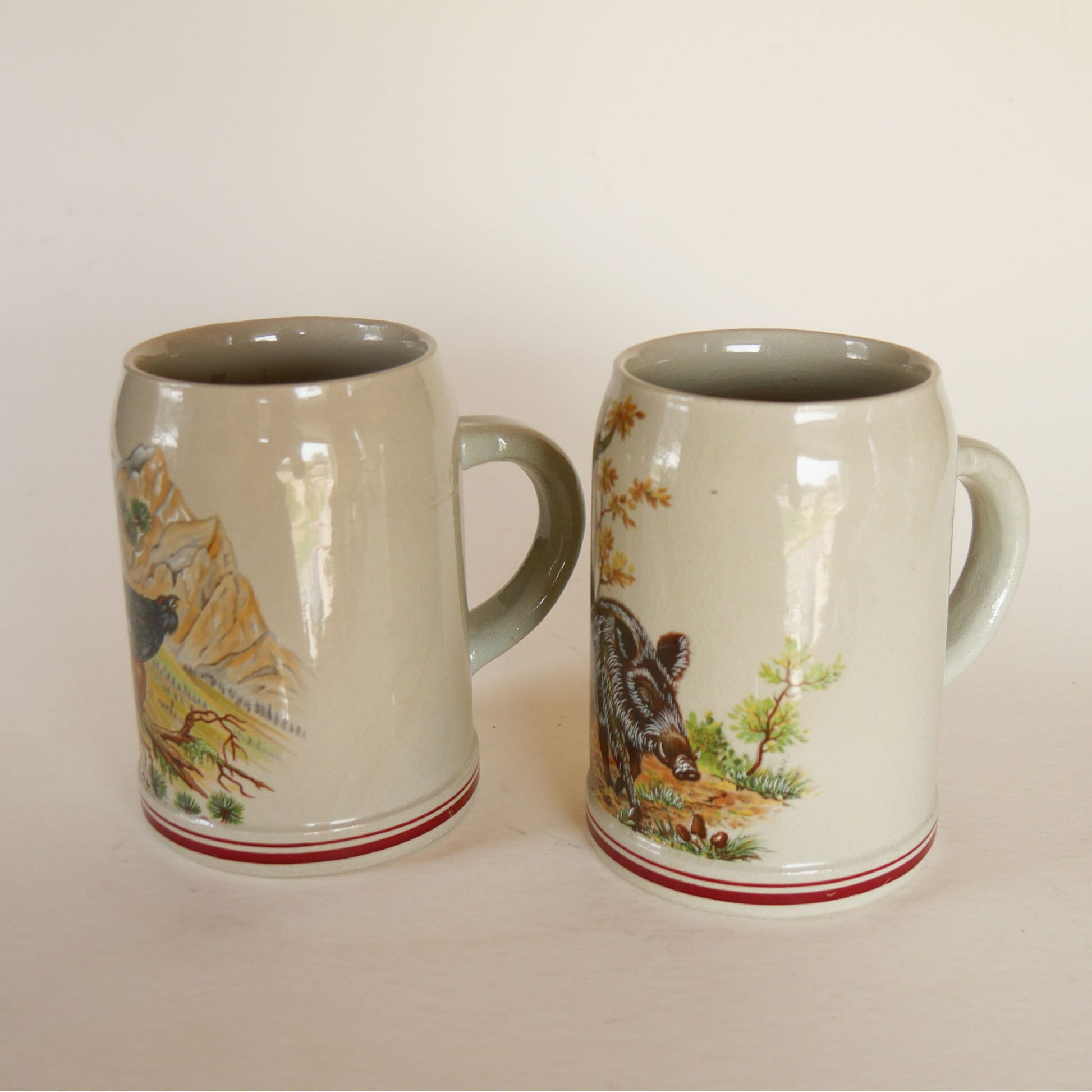 Vintage German Stoneware Beer, Vintage Woodland Stoneware, Vintage Turkey Mug, Vintage Hog Mug, Vintage Beer Mugs,  Vintage Stoneware Mugs