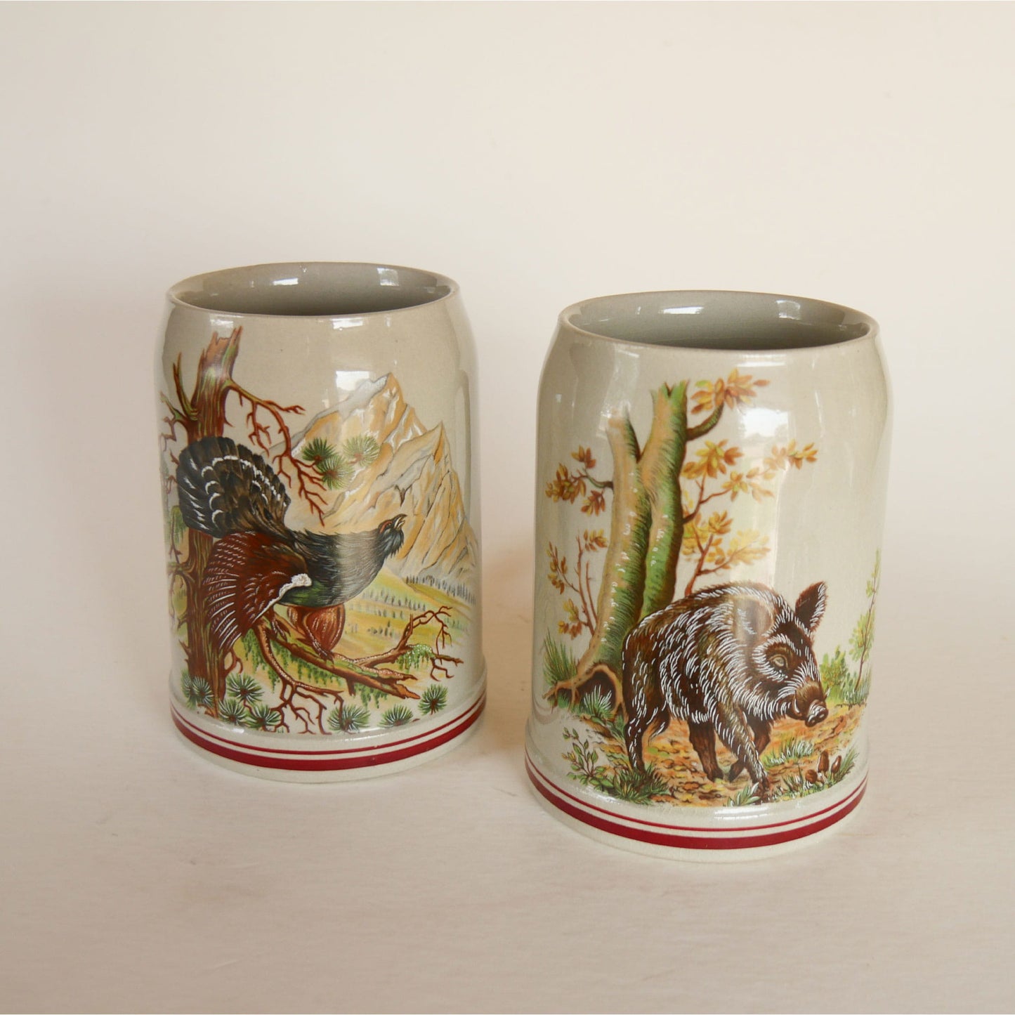Vintage German Stoneware Beer, Vintage Woodland Stoneware, Vintage Turkey Mug, Vintage Hog Mug, Vintage Beer Mugs,  Vintage Stoneware Mugs