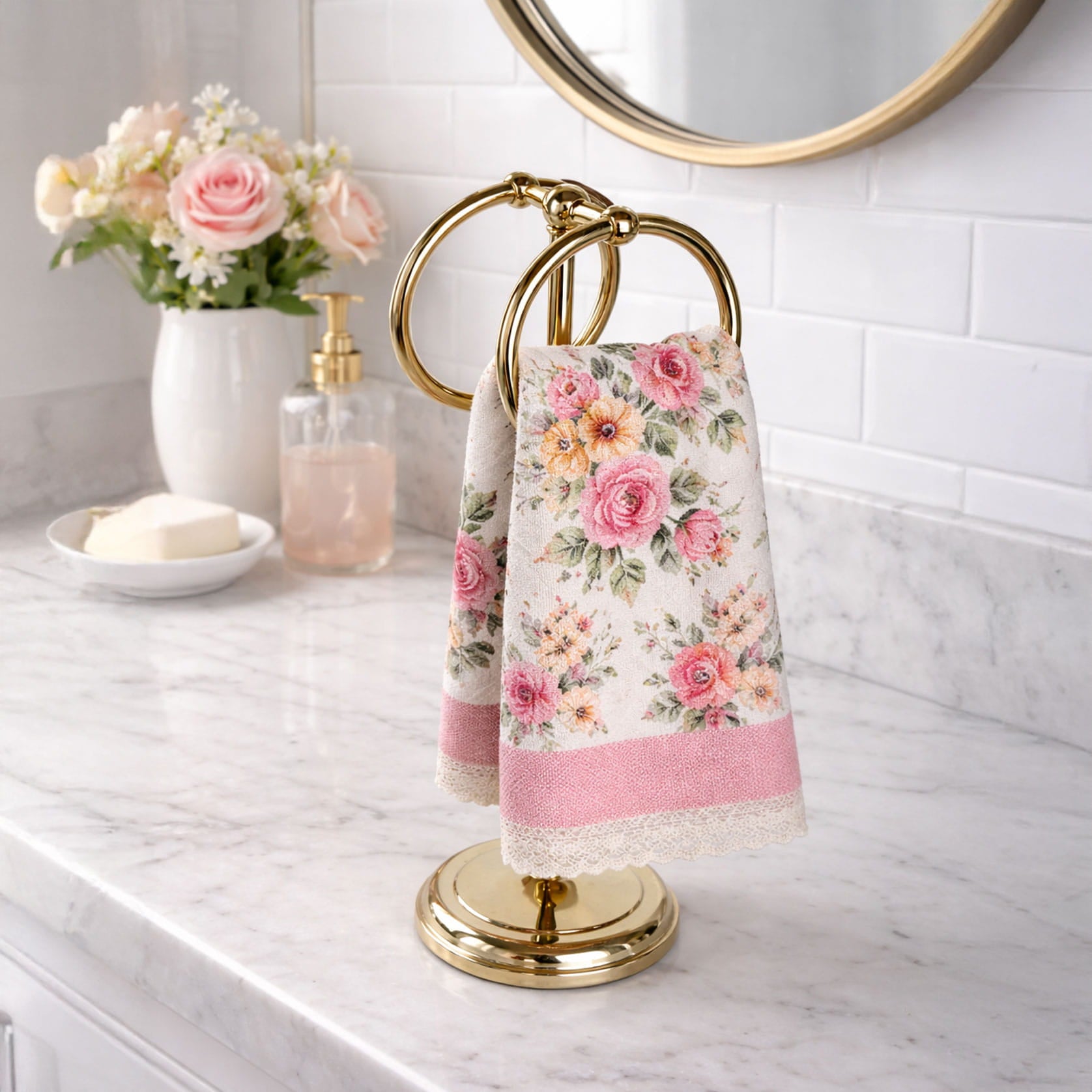 Vintage Gold Freestanding Hand Towel Stand, Gold Hand Towel Rack, Vintage Cottage Bathroom Decor, Vitnage GOld Towel Rack, Vintage Cottagecore Bathroom Decor, Cottage Bathroom Decor, Vintage Gold Towel Rack