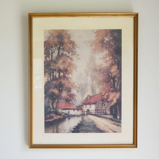 1970s 'Village Canal' Framed Print, Donald Art Co., Gold Framed Cottage in the Woods Vintage Cottagecore Artwork Vintage Cottage Decor, Vintage farmhouse Decor Cottage Wall Decor