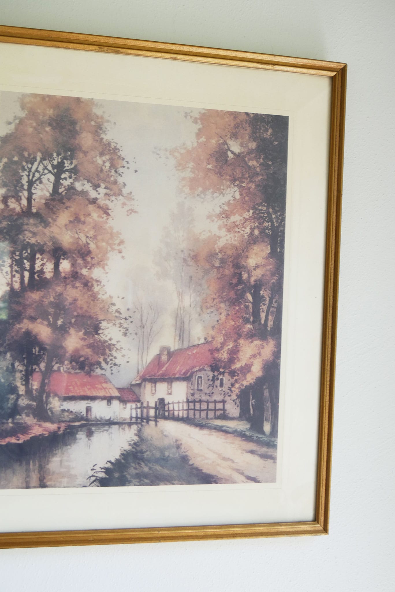1970s 'Village Canal' Framed Print, Donald Art Co., Gold Framed Cottage in the Woods Vintage Cottagecore Artwork Vintage Cottage Decor, Vintage farmhouse Decor Cottage Wall Decor