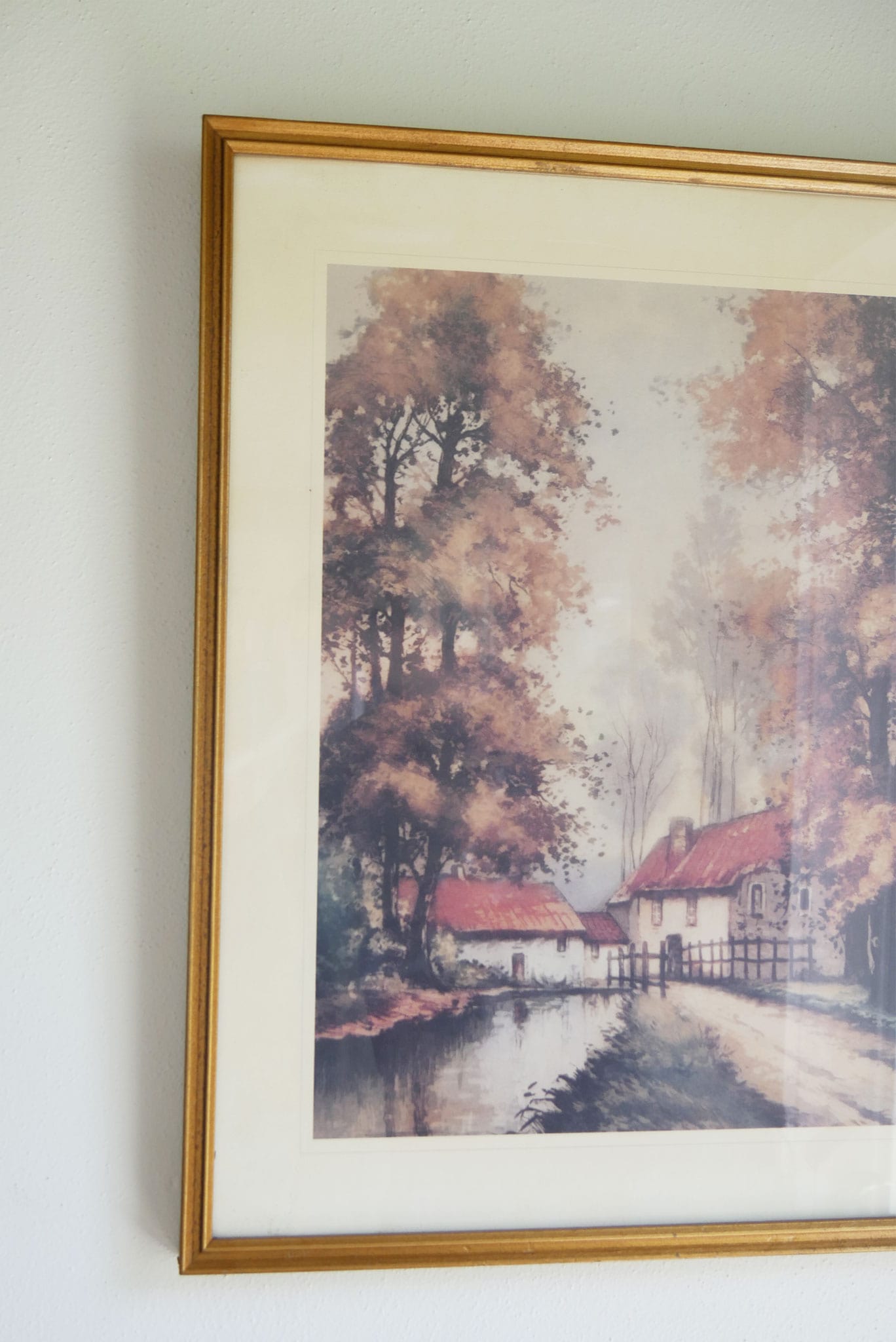 1970s 'Village Canal' Framed Print, Donald Art Co., Gold Framed Cottage in the Woods Vintage Cottagecore Artwork Vintage Cottage Decor, Vintage farmhouse Decor Cottage Wall Decor