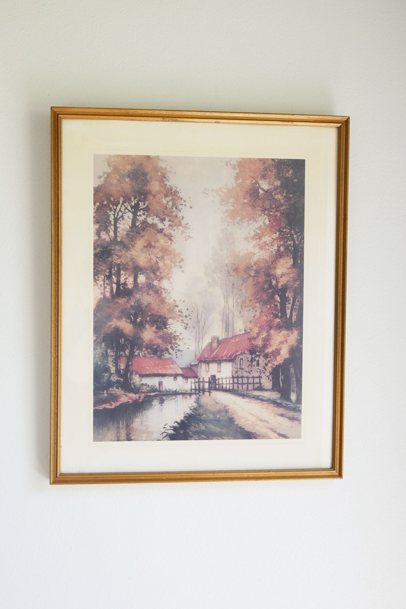 1970s 'Village Canal' Framed Print, Donald Art Co., Gold Framed Cottage in the Woods Vintage Cottagecore Artwork Vintage Cottage Decor, Vintage farmhouse Decor Cottage Wall Decor
