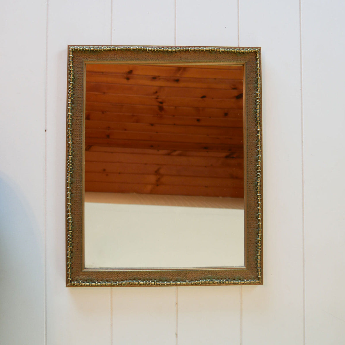 Vintage Green and Gold Stitching Bordered Mirror, Vintage Gold Mirror, Vintage Green Brass Mirror