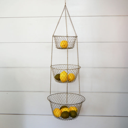 Vintage Silver Wire 3-Tier Hanging Basket, Farmhouse Fruit Basket, Hanging Wire Fruit Basket, Vintage Hanging Wire Basket, 3 shelf basket, Vintage wire 3 tier baskets