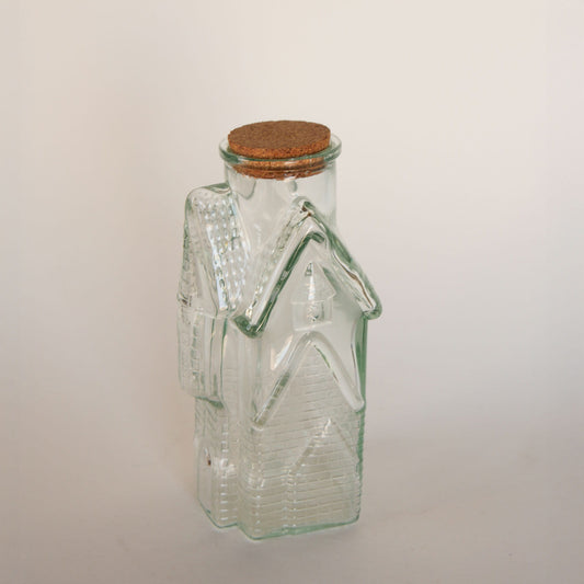 Vintage Green Glass Castle Shaped Bottle with Cork, Vintage Green Glass, Vintage Green Class Canister, House SHaped Canister, Vintage Green Kitchen Decor, Vintage Kitchen Decor