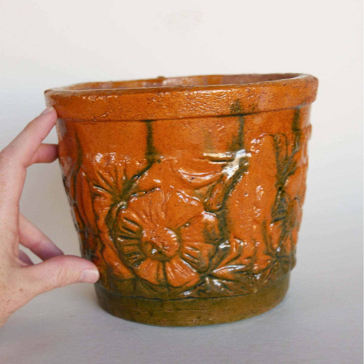 Vintage Orange and Green Pottery Planter, Green and Orange Pottery Planter