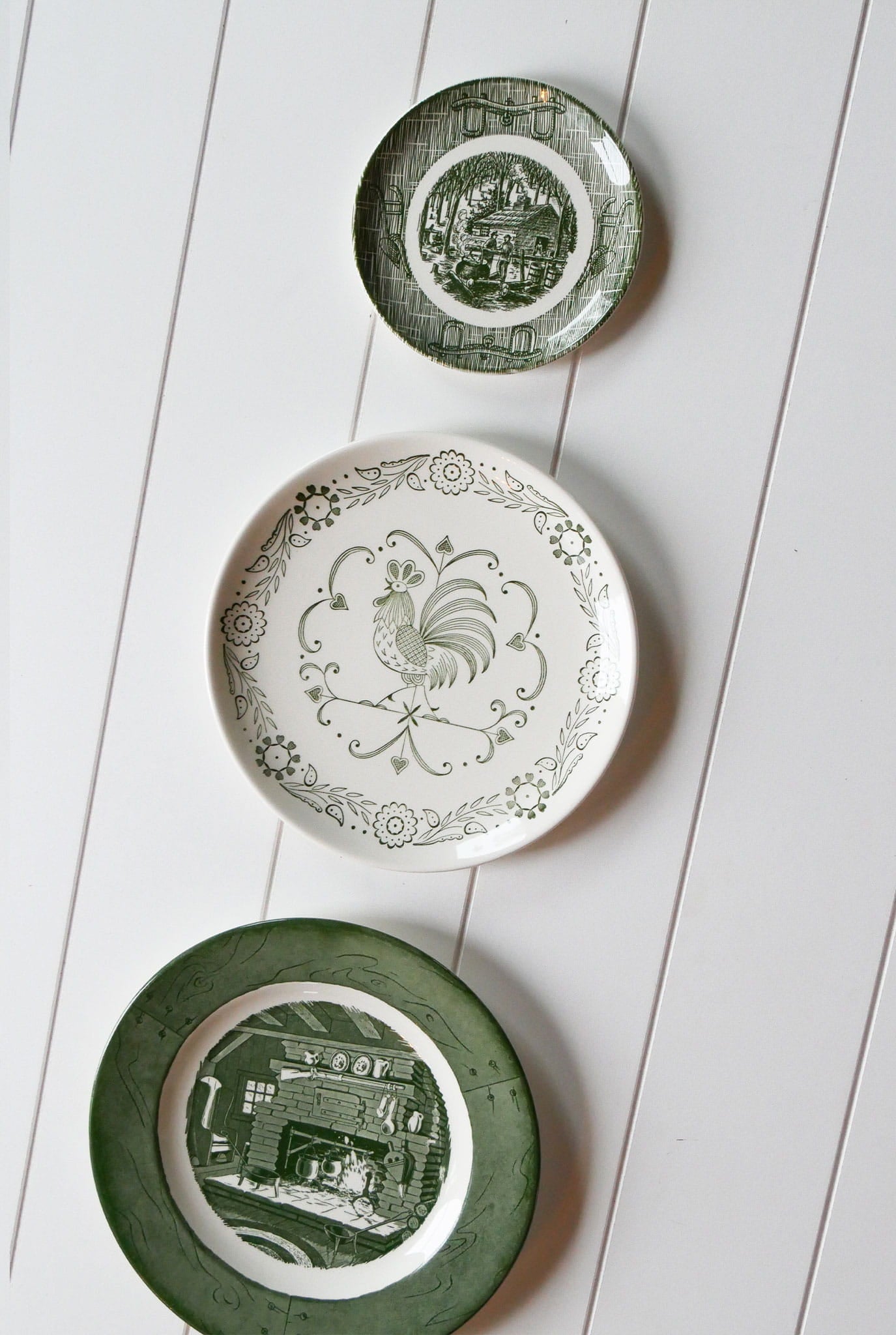 Vintage Green and White Farmhouse Plate Gallery Wall, Farmhouse Plate Wall, Vintage Country Plate Wall, Vintage Green and White Plate Wall, Vintage Currier and ives Plate Wall, Green and White Currier and Ives Plate, Primitive Plate Wall, Vintage Plate Wall, Vintage Wall Decor