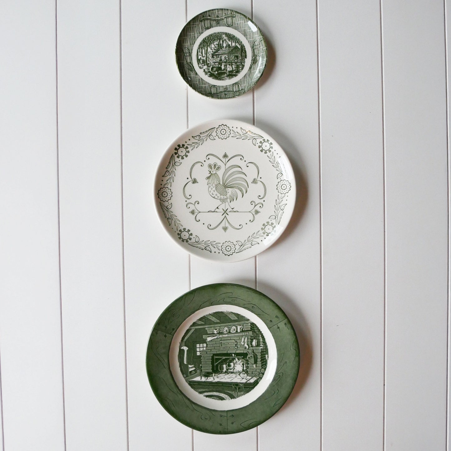 Vintage Green and White Farmhouse Plate Gallery Wall, Farmhouse Plate Wall, Vintage Country Plate Wall, Vintage Green and White Plate Wall, Vintage Currier and ives Plate Wall, Green and White Currier and Ives Plate, Primitive Plate Wall, Vintage Plate Wall, Vintage Wall Decor