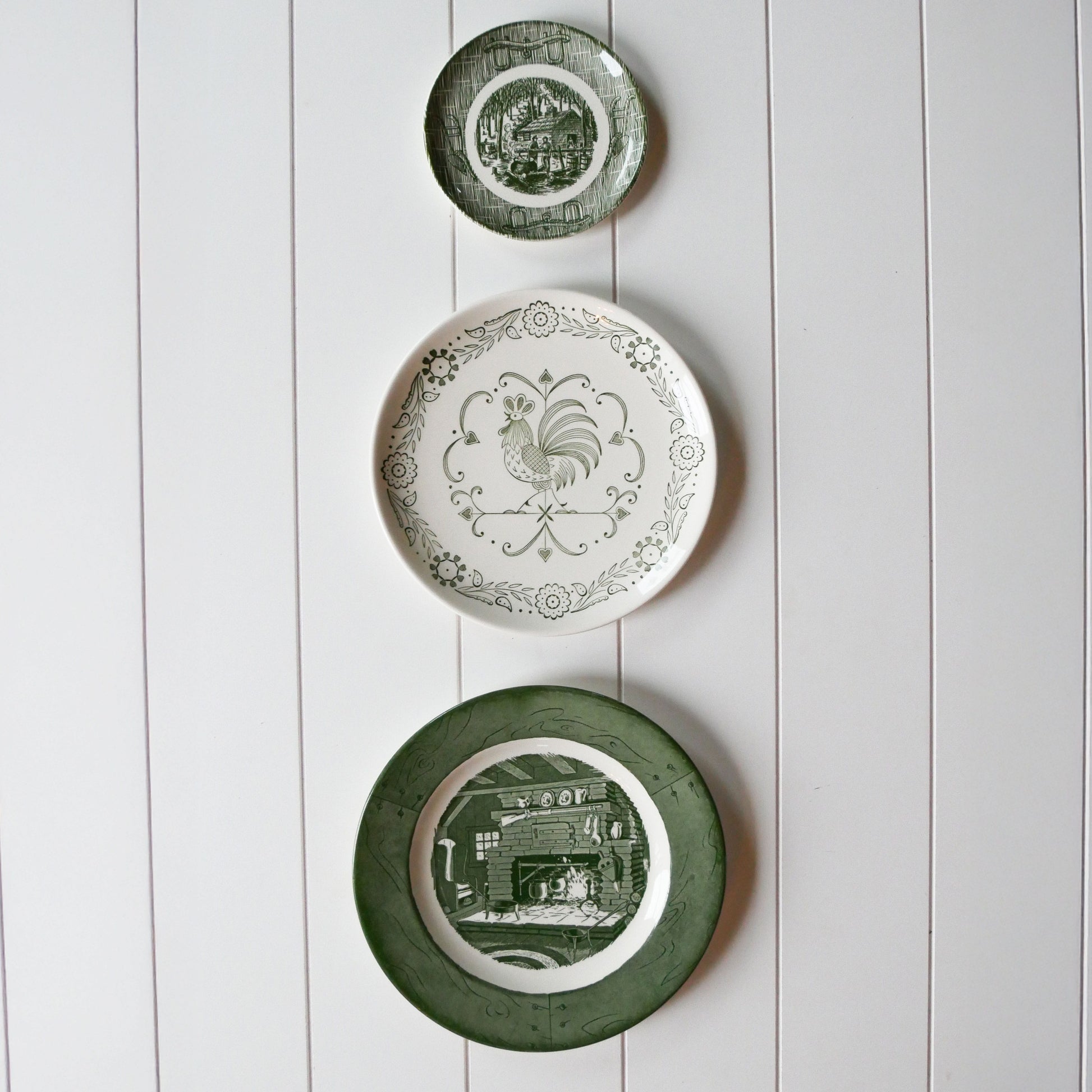 Vintage Green and White Farmhouse Plate Gallery Wall, Farmhouse Plate Wall, Vintage Country Plate Wall, Vintage Green and White Plate Wall, Vintage Currier and ives Plate Wall, Green and White Currier and Ives Plate, Primitive Plate Wall, Vintage Plate Wall, Vintage Wall Decor