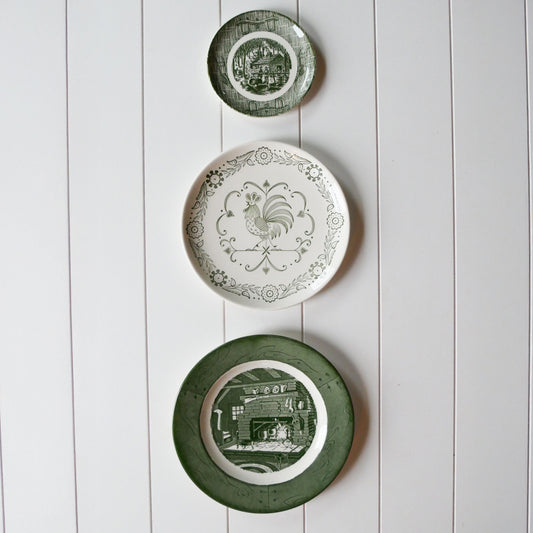 Vintage Green and White Farmhouse Plate Gallery Wall, Farmhouse Plate Wall, Vintage Country Plate Wall, Vintage Green and White Plate Wall, Vintage Currier and ives Plate Wall, Green and White Currier and Ives Plate, Primitive Plate Wall, Vintage Plate Wall, Vintage Wall Decor