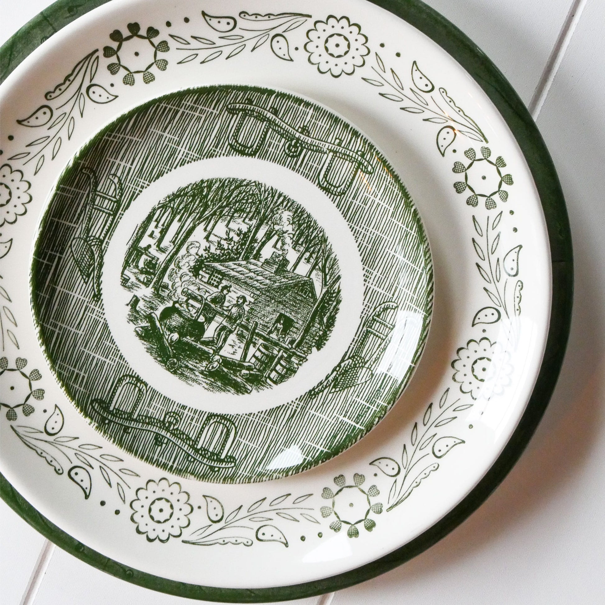 Vintage Green and White Farmhouse Plate Gallery Wall, Farmhouse Plate Wall, Vintage Country Plate Wall, Vintage Green and White Plate Wall, Vintage Currier and ives Plate Wall, Green and White Currier and Ives Plate, Primitive Plate Wall, Vintage Plate Wall, Vintage Wall Decor