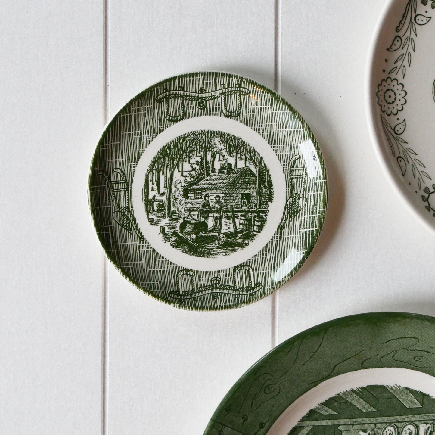 Vintage Green and White Farmhouse Plate Gallery Wall, Farmhouse Plate Wall, Vintage Country Plate Wall, Vintage Green and White Plate Wall, Vintage Currier and ives Plate Wall, Green and White Currier and Ives Plate, Primitive Plate Wall, Vintage Plate Wall, Vintage Wall Decor