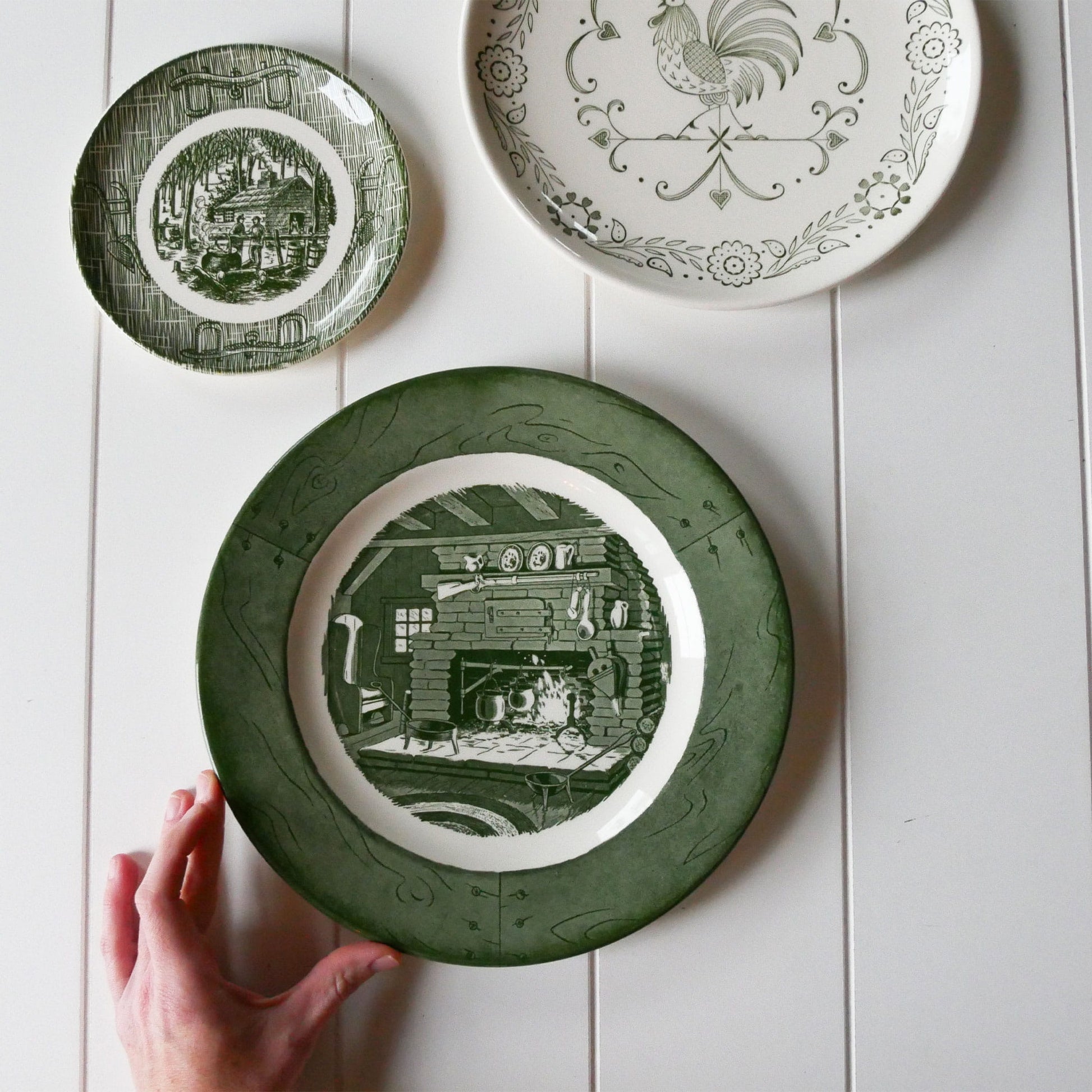 Vintage Green and White Farmhouse Plate Gallery Wall, Farmhouse Plate Wall, Vintage Country Plate Wall, Vintage Green and White Plate Wall, Vintage Currier and ives Plate Wall, Green and White Currier and Ives Plate, Primitive Plate Wall, Vintage Plate Wall, Vintage Wall Decor