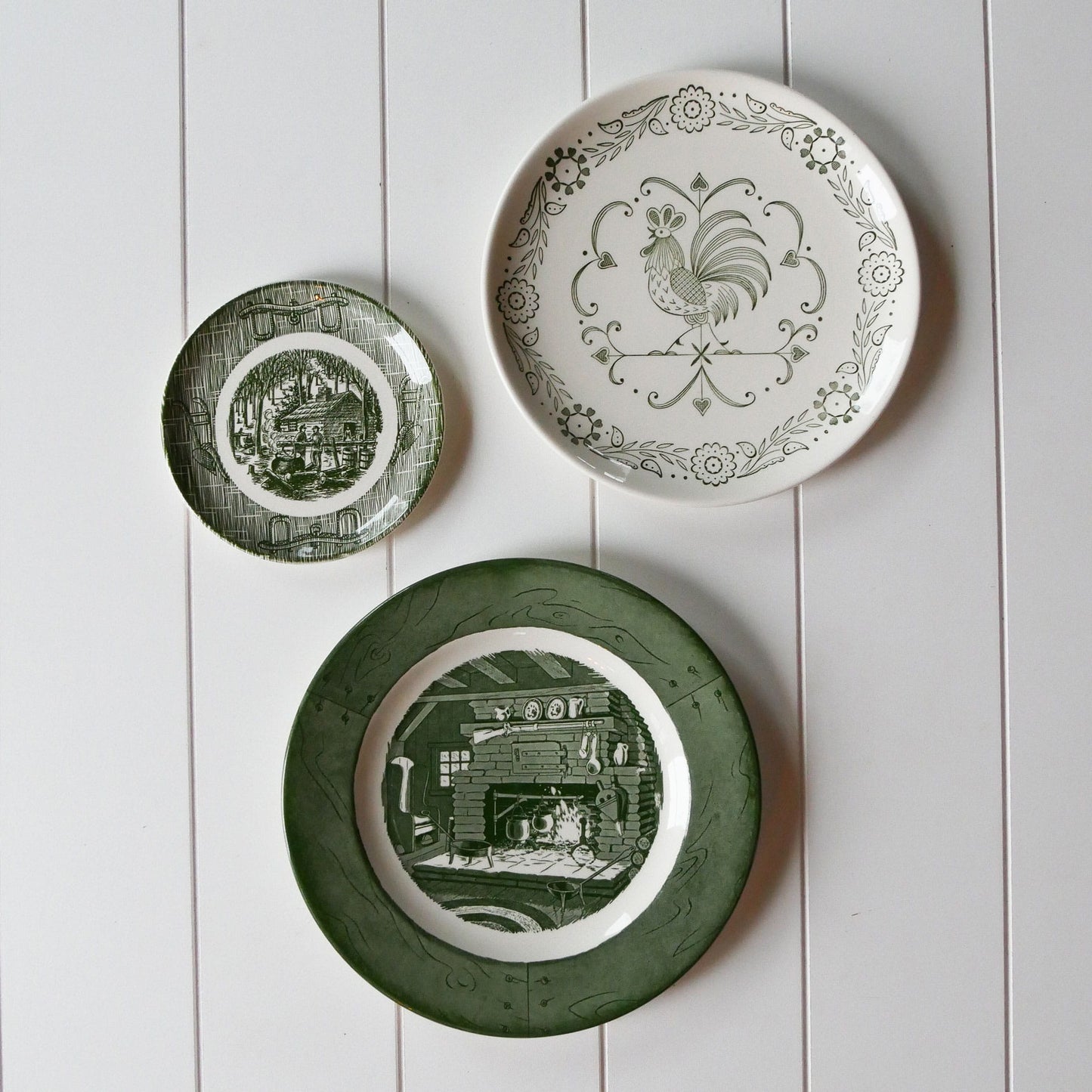 Vintage Green and White Farmhouse Plate Gallery Wall, Farmhouse Plate Wall, Vintage Country Plate Wall, Vintage Green and White Plate Wall, Vintage Currier and ives Plate Wall, Green and White Currier and Ives Plate, Primitive Plate Wall, Vintage Plate Wall, Vintage Wall Decor