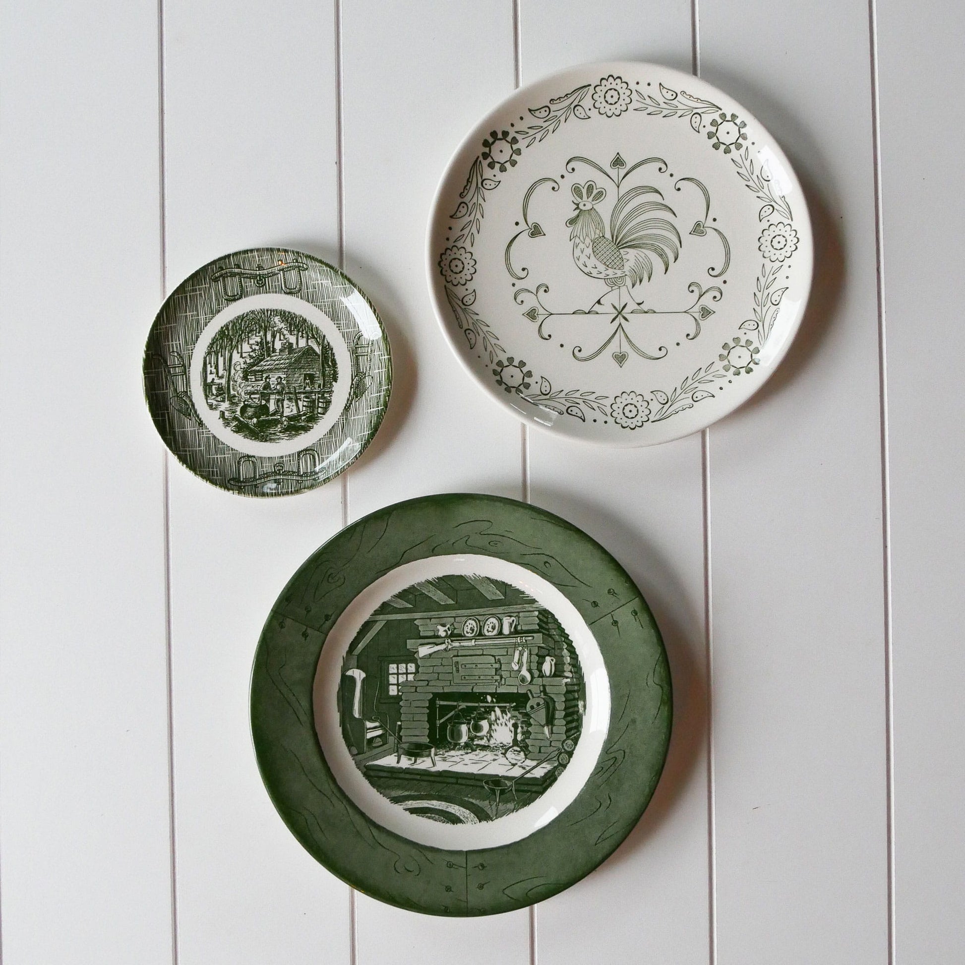 Vintage Green and White Farmhouse Plate Gallery Wall, Farmhouse Plate Wall, Vintage Country Plate Wall, Vintage Green and White Plate Wall, Vintage Currier and ives Plate Wall, Green and White Currier and Ives Plate, Primitive Plate Wall, Vintage Plate Wall, Vintage Wall Decor