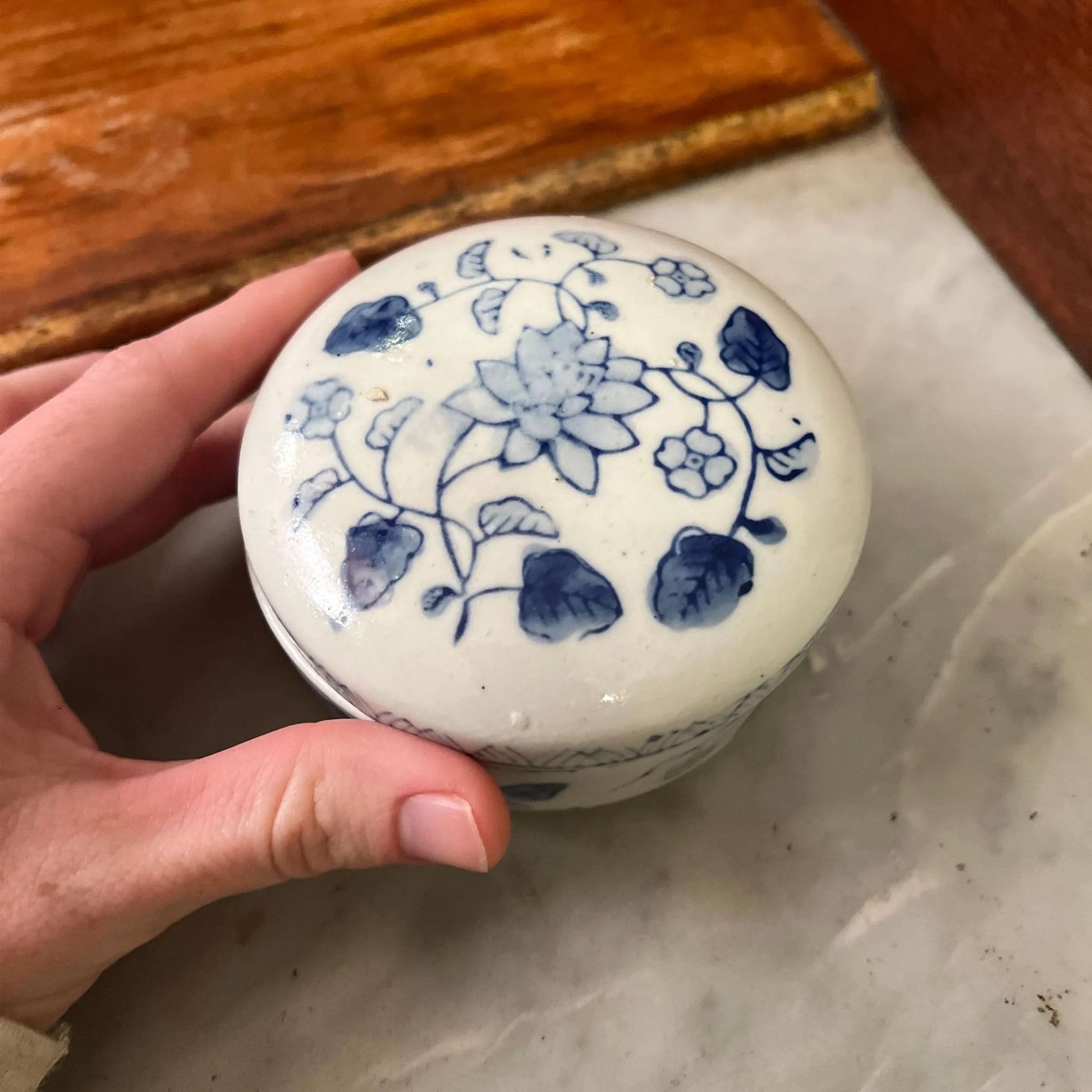 Vintage Hand Painted Porcelian Jewelry Box, Blue and White Porcelian Tricket Dish