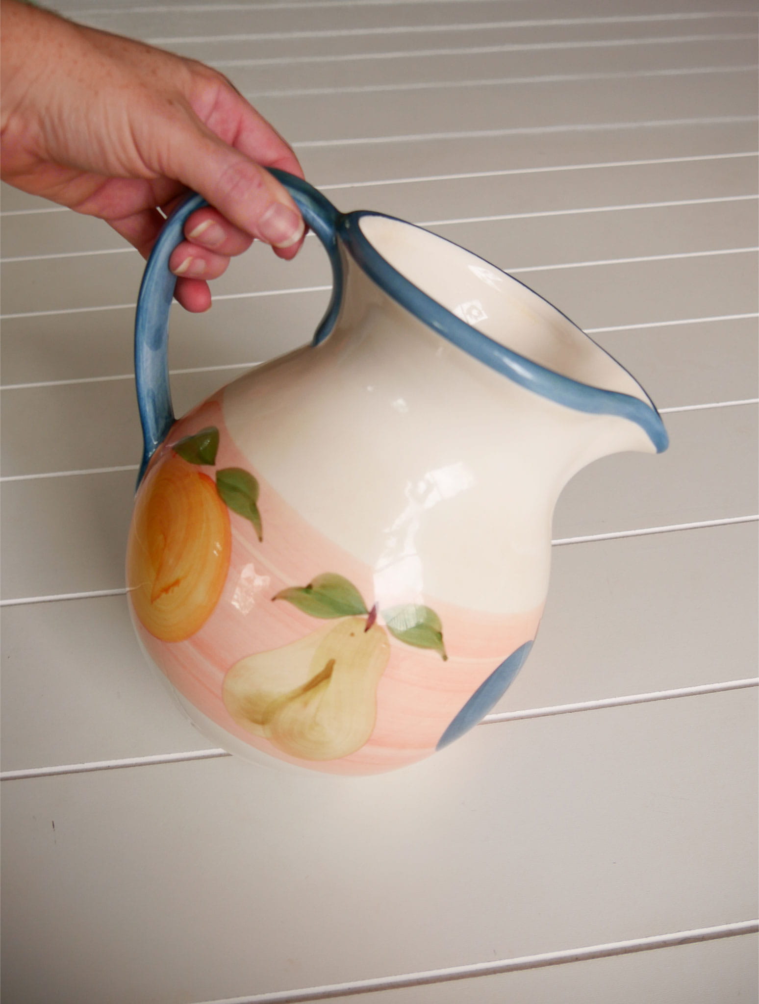 Vintage Hand Painted Fruit Motif Pitcher, VIntage Kitchen Pitcher, Vintage Pouring Pitcher, Vintage Fruit Design pitcher, Country Kitchen Pitcher, Vintage Kitchen Decor, Vintage Spring Kitchen Decor