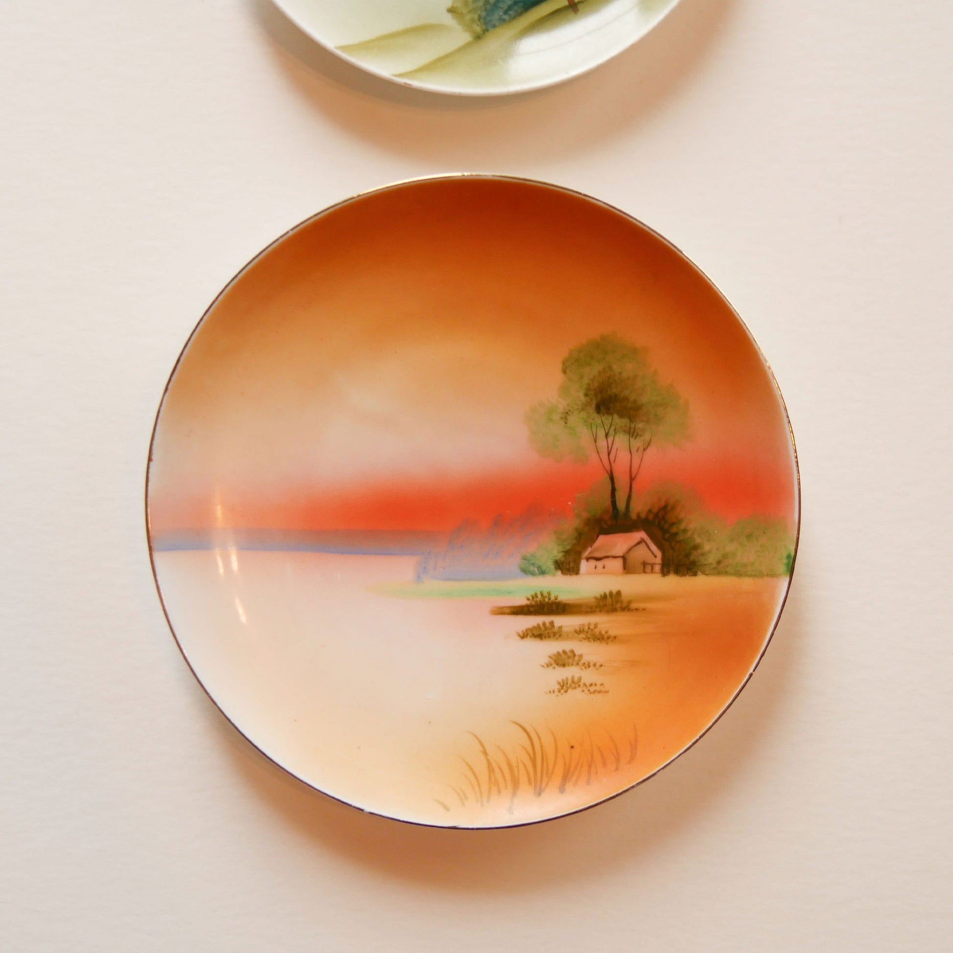 Vintage Hand Painted Porcelain Lanscape Scene Plate Pair, Porcelain Decorative Plates, Vintage Pocelain Plate Wall, Porcelain Gallery Plate Wall, Vintage FLoral Plate Wall