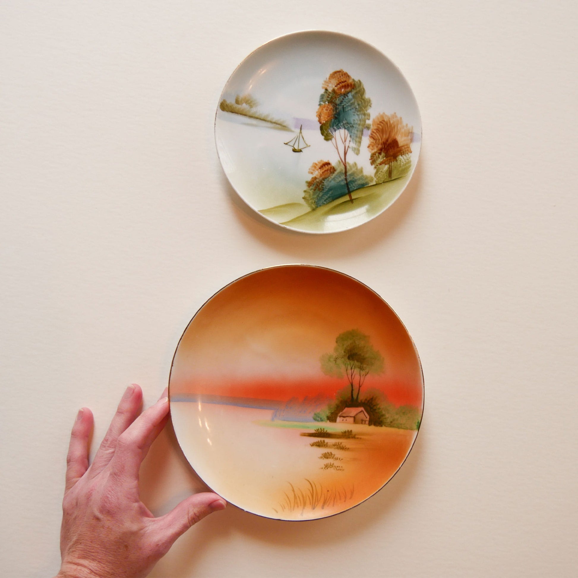 Vintage Hand Painted Porcelain Lanscape Scene Plate Pair, Porcelain Decorative Plates, Vintage Pocelain Plate Wall, Porcelain Gallery Plate Wall, Vintage FLoral Plate Wall