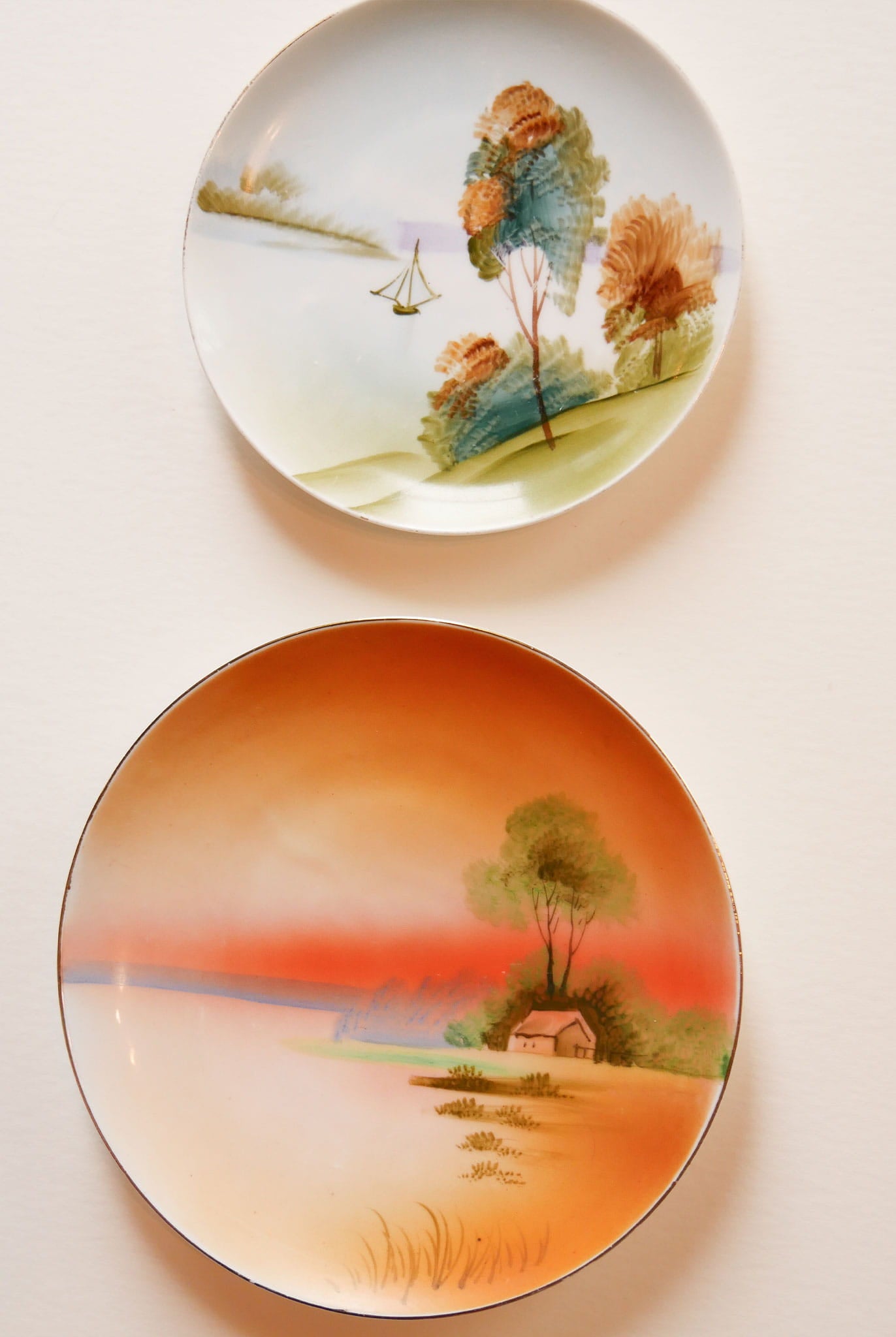 Vintage Hand Painted Porcelain Lanscape Scene Plate Pair, Porcelain Decorative Plates, Vintage Pocelain Plate Wall, Porcelain Gallery Plate Wall, Vintage FLoral Plate Wall