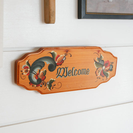 Vintage Hand Painted Norwegian Rosemaling Welcome Sign, Vintage Hand Painted Welcome Sign, Vintage Home Decor