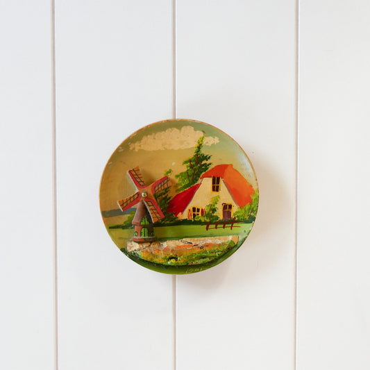 Hand Painted Windmill Plate, Holland Wood Decorative Plate, Vintage Painted Decorative Wood Plate, Vintage Folk Decorative Plate, Vintage Folk Wall Decor, Vintage Wall DEcor