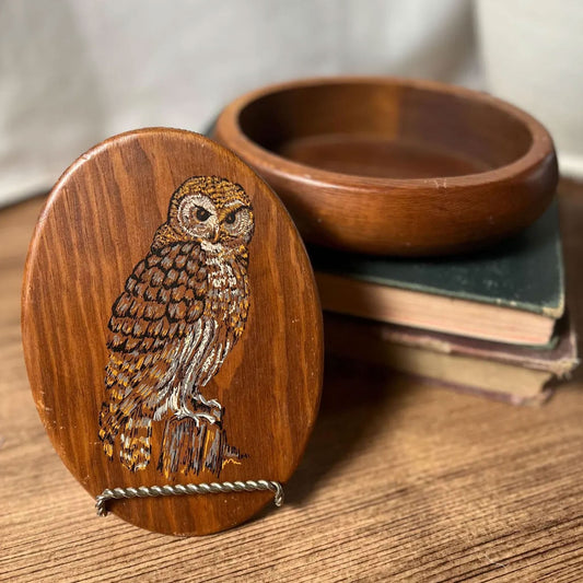 Hand Painted Owl Vintage Wooden Jewlery Box Vintage Whimsical Decor