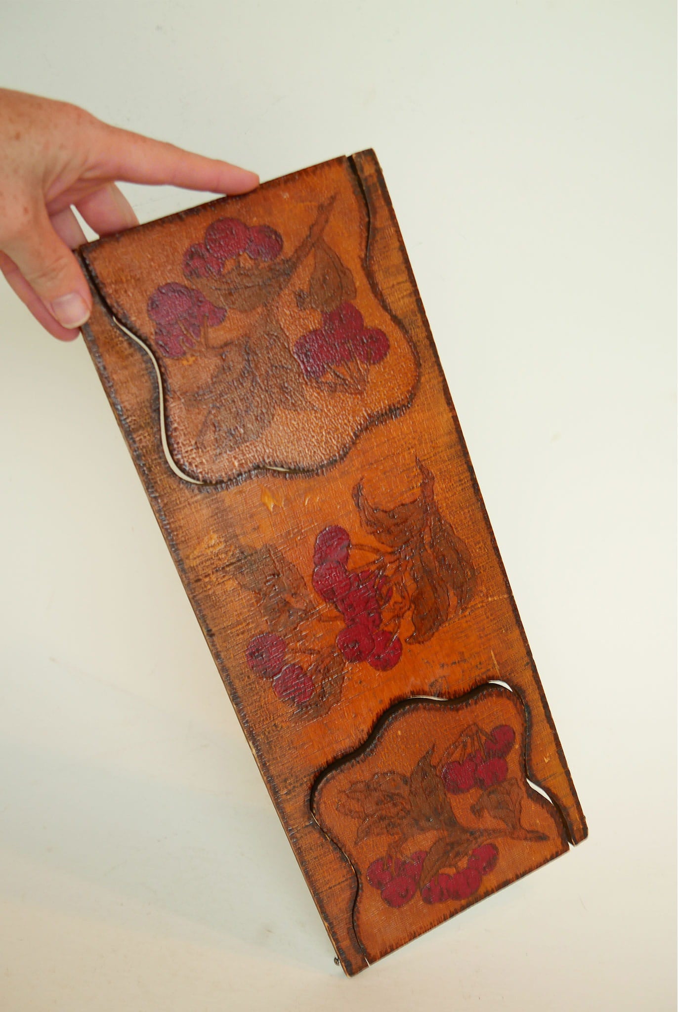 Vintage Wood Handpainted Cherry Book Holder, Vintage Book Holder, Vintage Book Ends, Vintage Floral book End, Vintage Wood Folk Book Ends