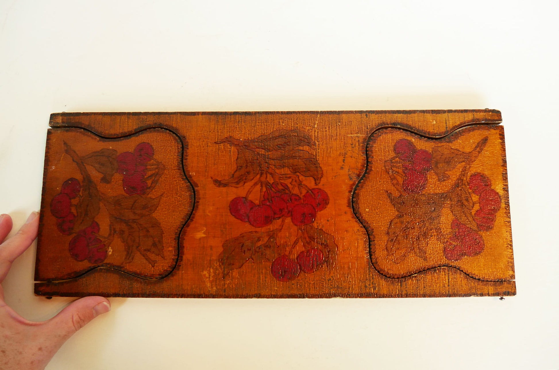 Vintage Wood Handpainted Cherry Book Holder, Vintage Book Holder, Vintage Book Ends, Vintage Floral book End, Vintage Wood Folk Book Ends