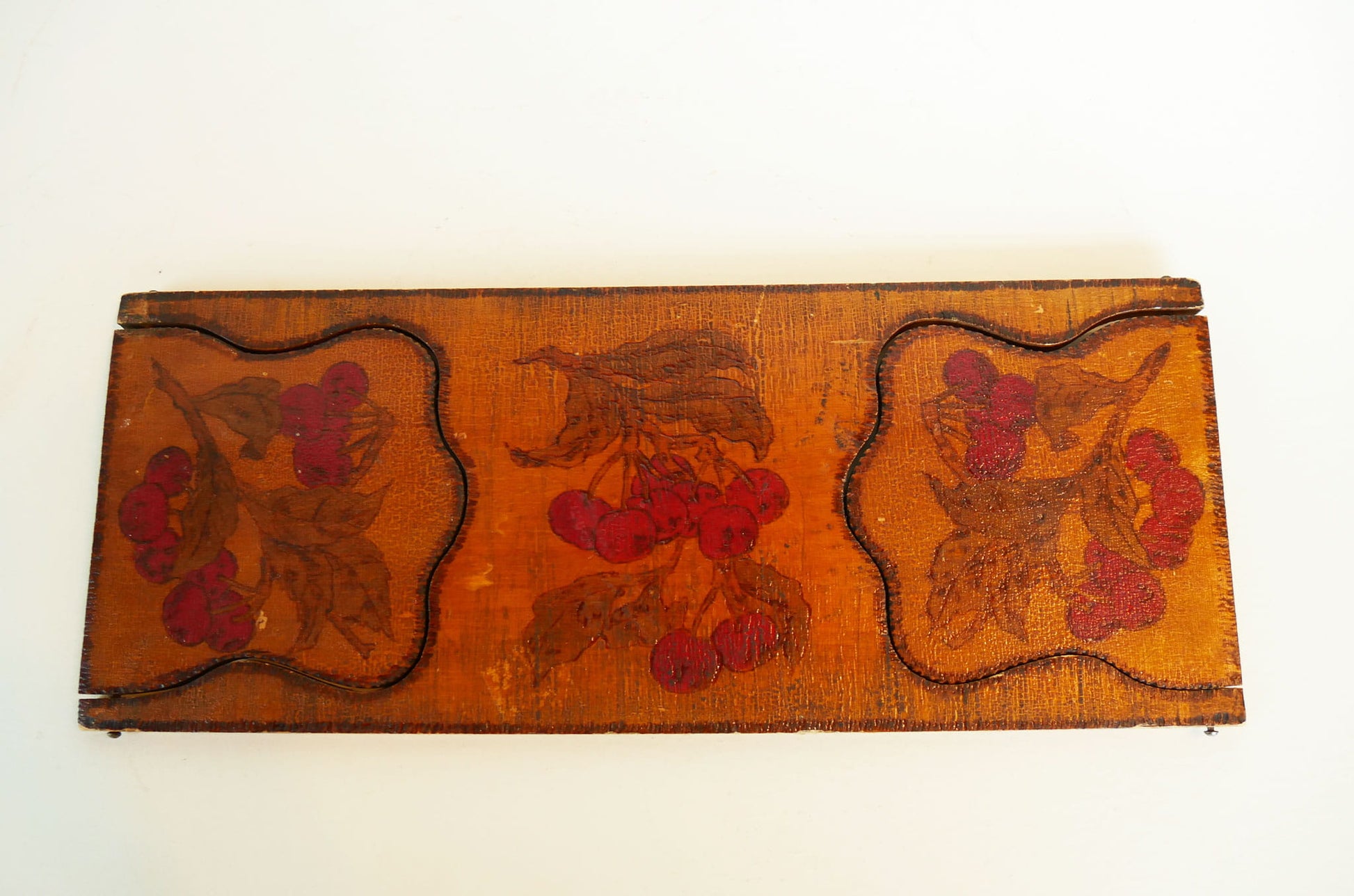 Vintage Wood Handpainted Cherry Book Holder, Vintage Book Holder, Vintage Book Ends, Vintage Floral book End, Vintage Wood Folk Book Ends