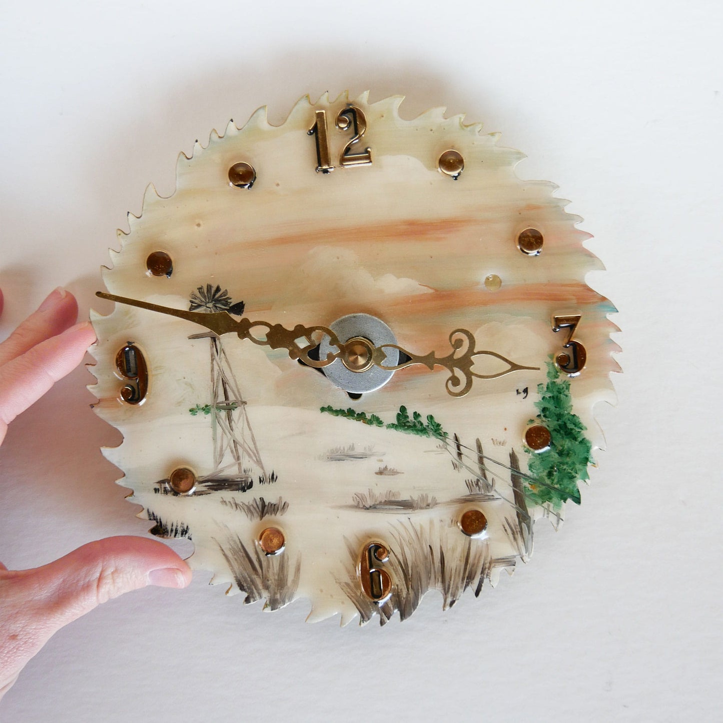 Vintage Handpainted Saw Blade Clock, Farmhouse Clock, Windmill Clock, Handpainted Windmill Clock, Vintage Home Decor
