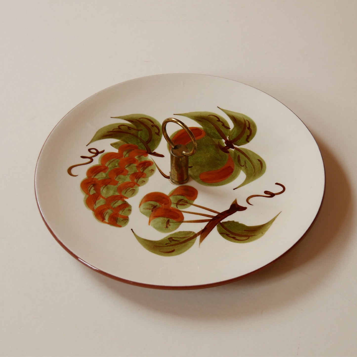 Vintage Hand-Painted Stangl Pottery Orchard Song Serving Plate with Brass Handle, Vintage Floral Serving Plate, Vintage Hand Painted Serving TRay, Cottagecore Tray, Vintage Fruit Tray, Vintage Cottage Serveware, Vintage Farmhouse Serveware