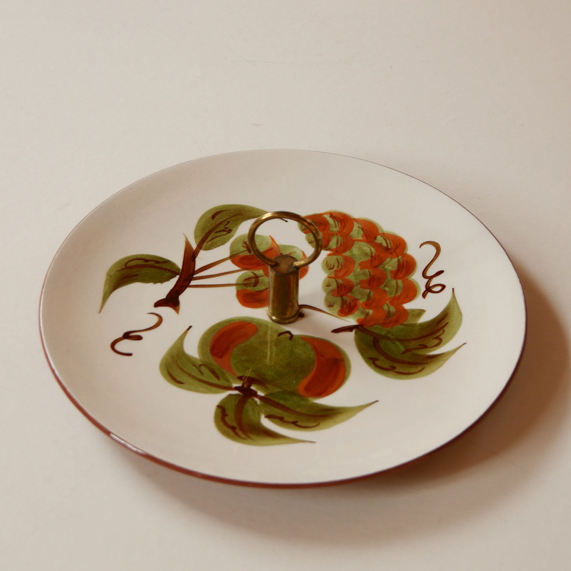 Vintage Hand-Painted Stangl Pottery Orchard Song Serving Plate with Brass Handle, Vintage Floral Serving Plate, Vintage Hand Painted Serving TRay, Cottagecore Tray, Vintage Fruit Tray, Vintage Cottage Serveware, Vintage Farmhouse Serveware