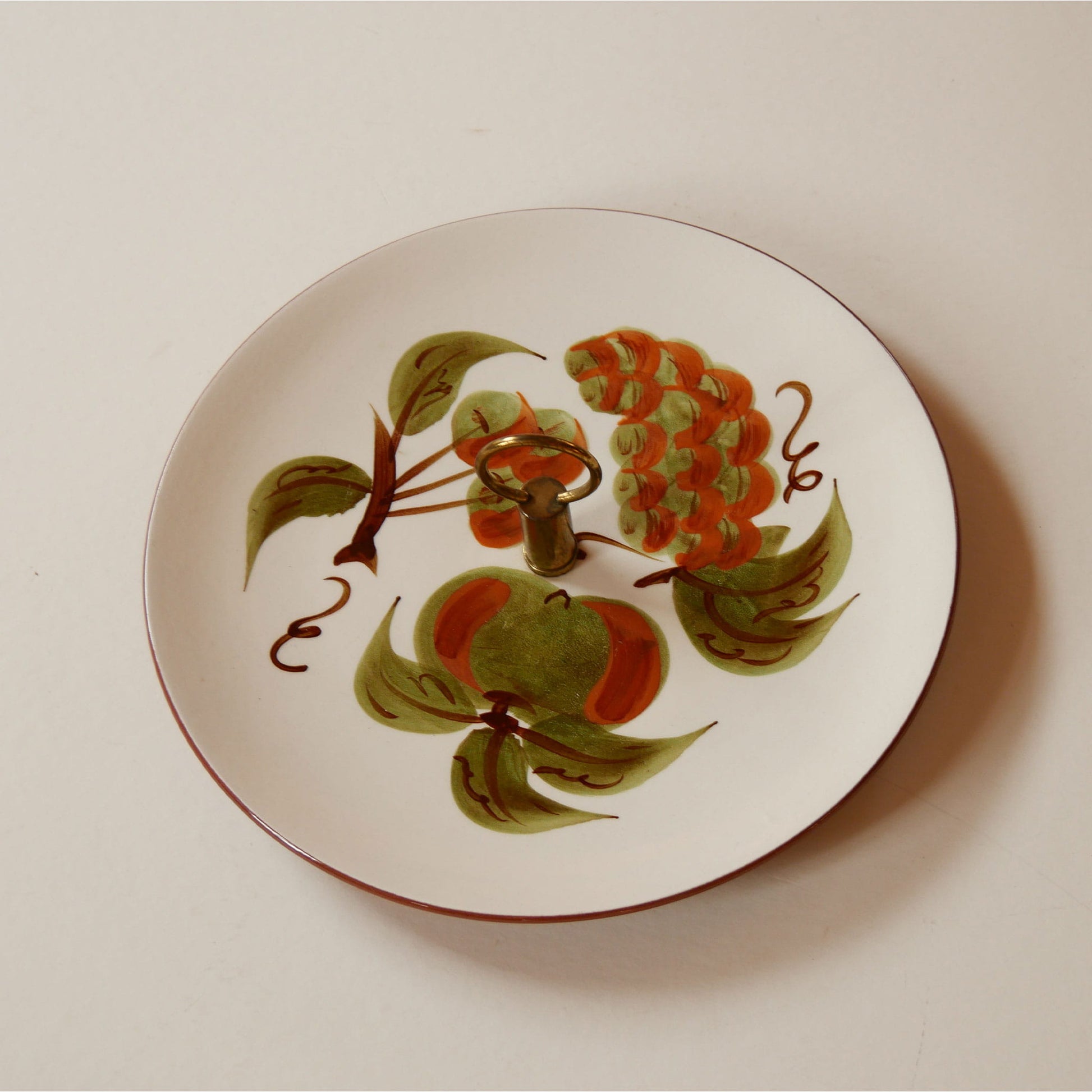 Vintage Hand-Painted Stangl Pottery Orchard Song Serving Plate with Brass Handle, Vintage Floral Serving Plate, Vintage Hand Painted Serving TRay, Cottagecore Tray, Vintage Fruit Tray, Vintage Cottage Serveware, Vintage Farmhouse Serveware