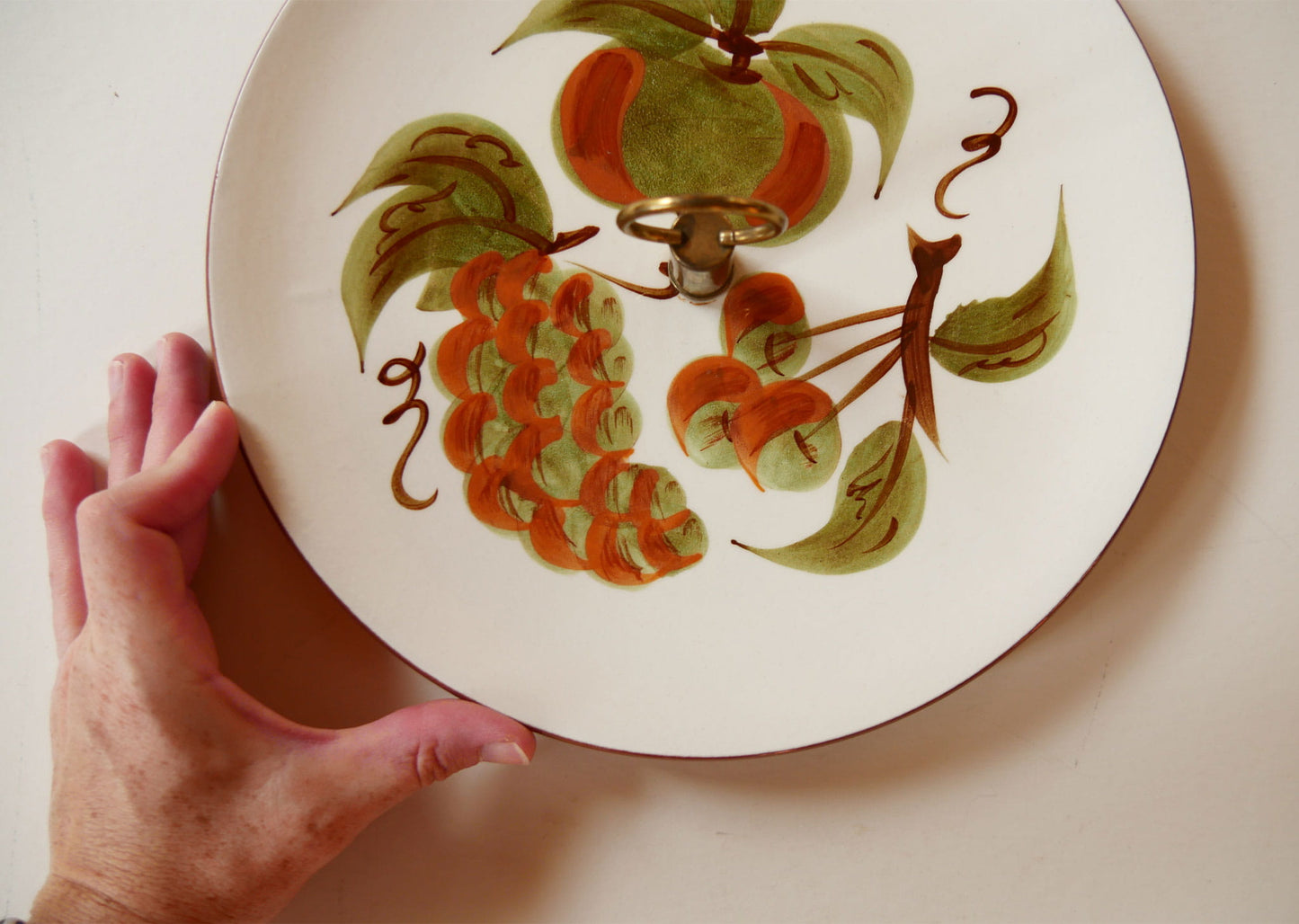 Vintage Hand-Painted Stangl Pottery Orchard Song Serving Plate with Brass Handle, Vintage Floral Serving Plate, Vintage Hand Painted Serving TRay, Cottagecore Tray, Vintage Fruit Tray, Vintage Cottage Serveware, Vintage Farmhouse Serveware