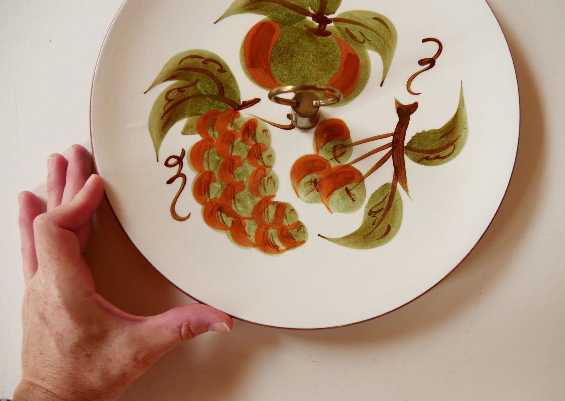 Vintage Hand-Painted Stangl Pottery Orchard Song Serving Plate with Brass Handle, Vintage Floral Serving Plate, Vintage Hand Painted Serving TRay, Cottagecore Tray, Vintage Fruit Tray, Vintage Cottage Serveware, Vintage Farmhouse Serveware