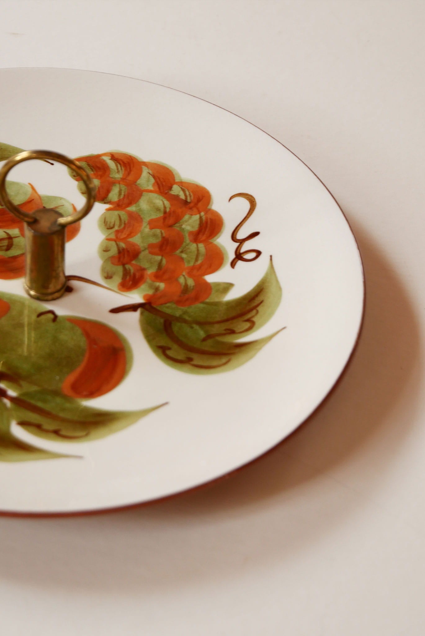 Vintage Hand-Painted Stangl Pottery Orchard Song Serving Plate with Brass Handle, Vintage Floral Serving Plate, Vintage Hand Painted Serving TRay, Cottagecore Tray, Vintage Fruit Tray, Vintage Cottage Serveware, Vintage Farmhouse Serveware