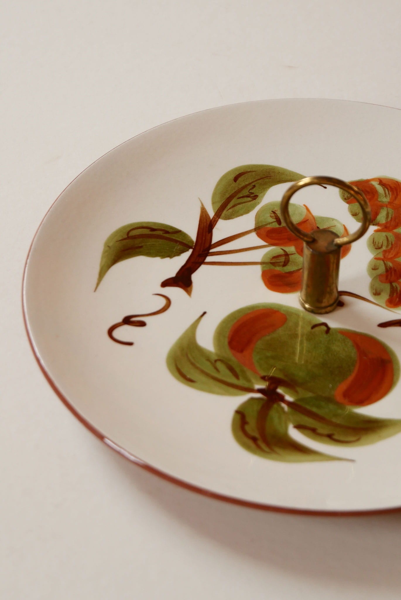 Vintage Hand-Painted Stangl Pottery Orchard Song Serving Plate with Brass Handle, Vintage Floral Serving Plate, Vintage Hand Painted Serving TRay, Cottagecore Tray, Vintage Fruit Tray, Vintage Cottage Serveware, Vintage Farmhouse Serveware