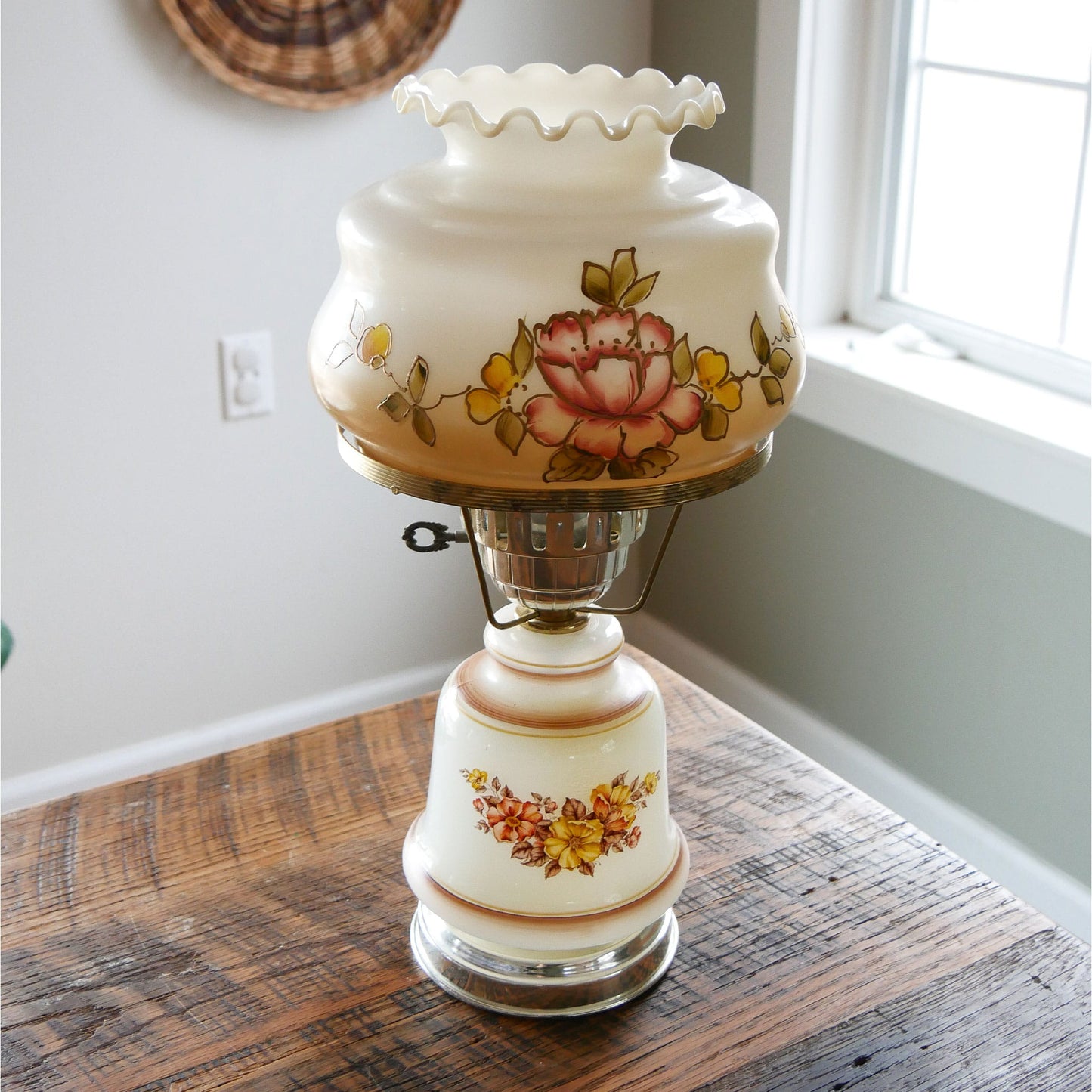 Vintage Hurricane Lamp, Electric Hurricane Lamp, Vintage Floral Hurricane Lamp, Hand Painted Hurricane Lamp, Vintage Lighting, Vintage Home DEcor