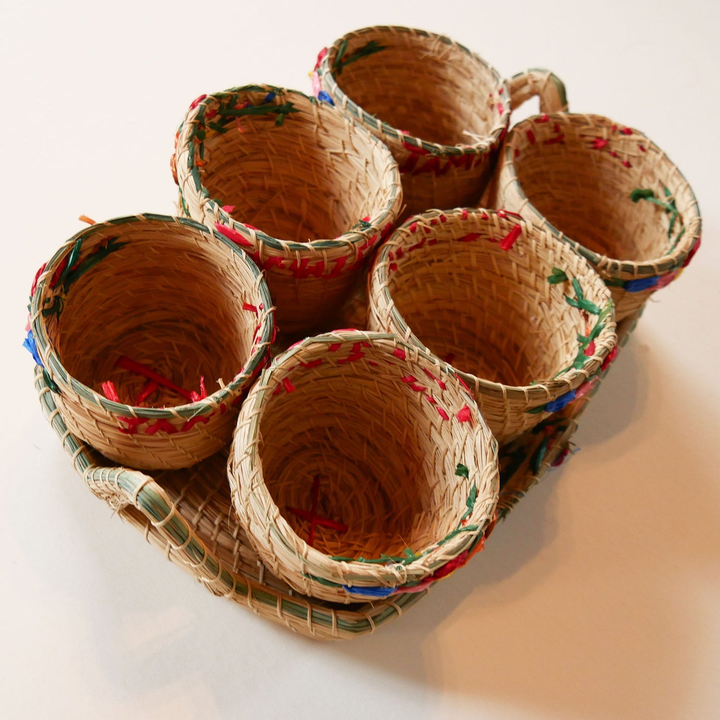Vintage Tropical Wicker Cups & Tray, Vintage Floral Wicker Cups and tray, Vintage Wicker Cups, Vintage Tropical Decor, Vintage Tropical Serveware