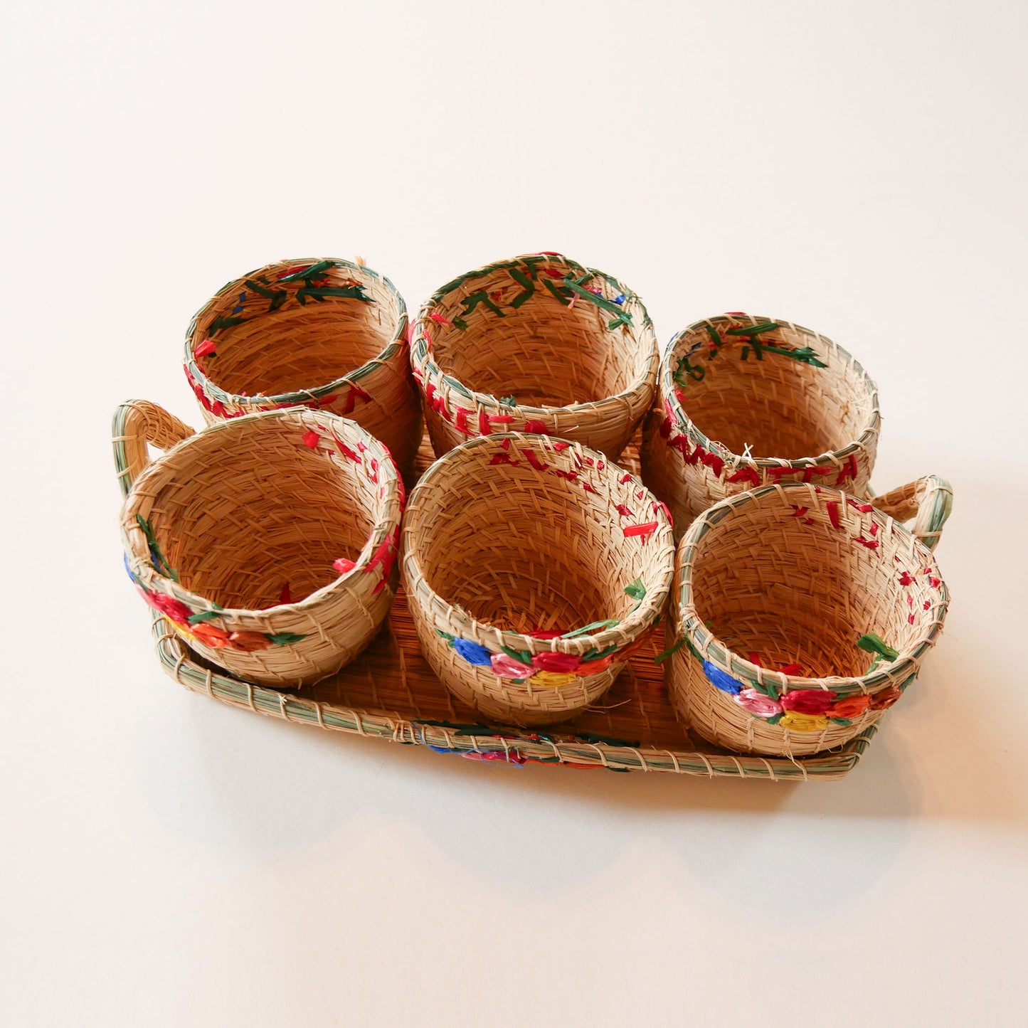 Vintage Tropical Wicker Cups & Tray, Vintage Floral Wicker Cups and tray, Vintage Wicker Cups, Vintage Tropical Decor, Vintage Tropical Serveware