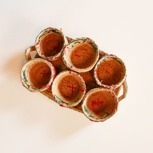 Vintage Tropical Wicker Cups & Tray, Vintage Floral Wicker Cups and tray, Vintage Wicker Cups, Vintage Tropical Decor, Vintage Tropical Serveware