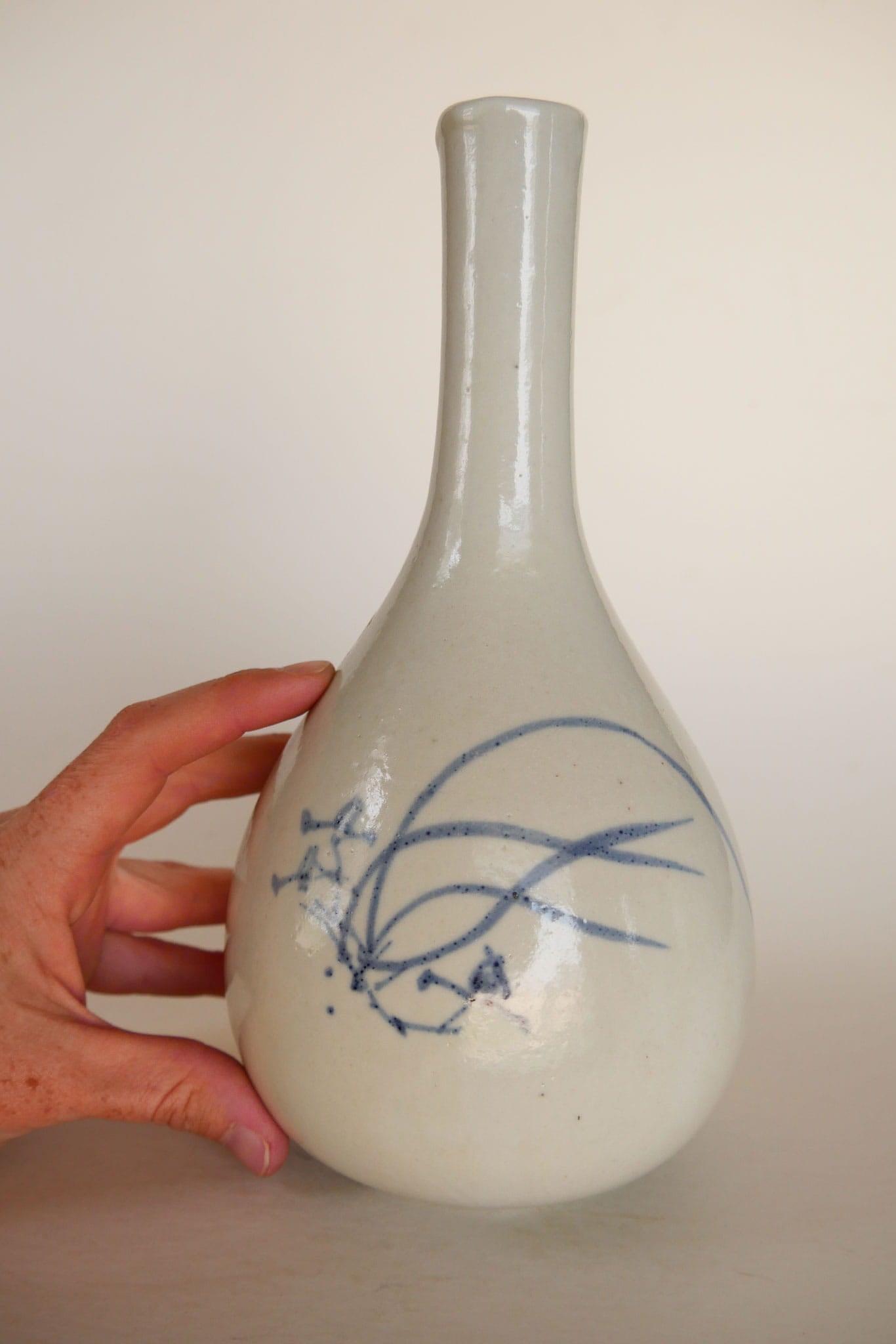 Vintage Japanese Blue and White Porcelain Long Neck Vase, Cottage Porcelain Long Neck Vase, Vintage Porcelain Japanese Vase