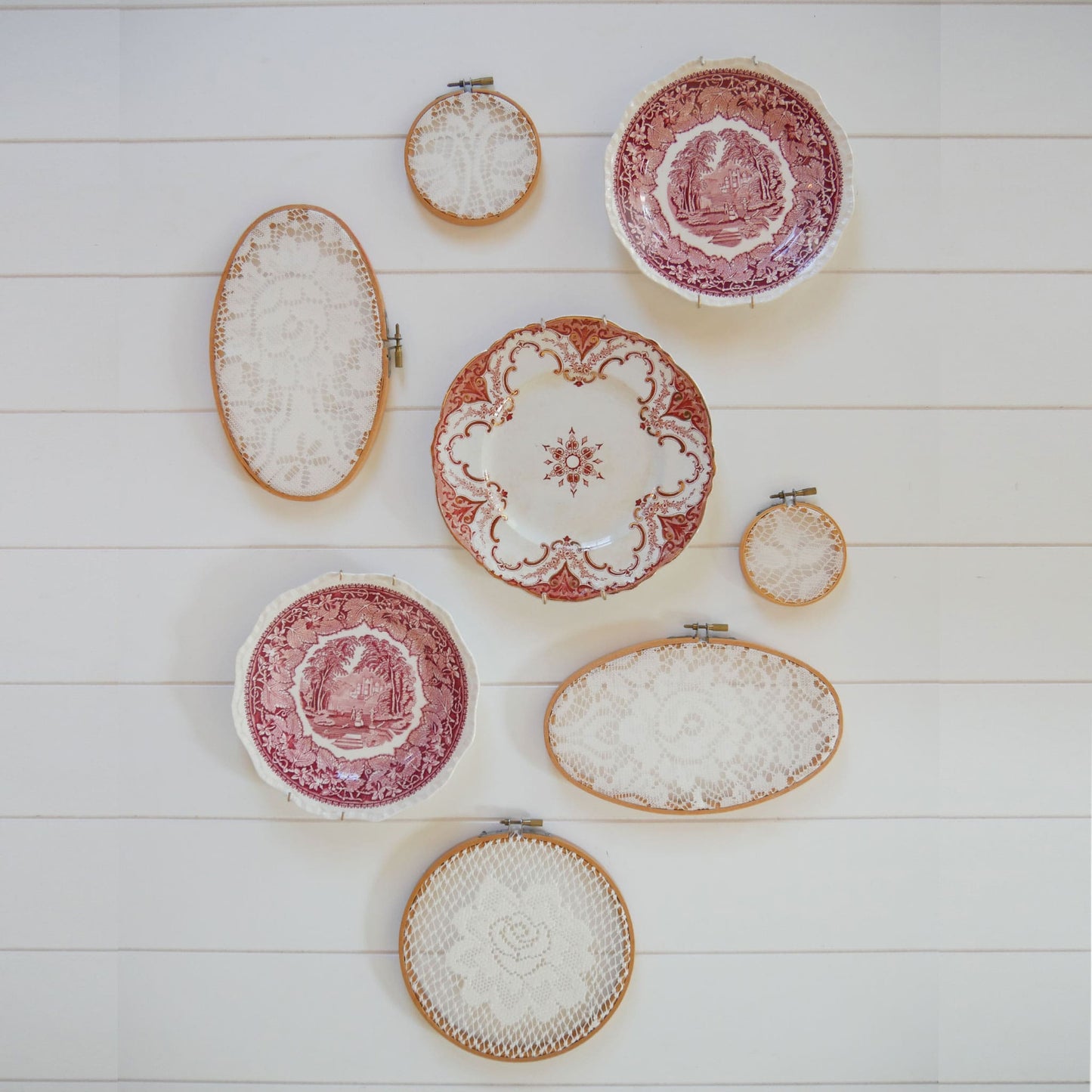 Vintage Gallery Wall, Vintage Lace Gallery Wall, Vintage Embroidery Hoop Wall Display, Vintage Gallery Wall